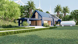 Fototapeta  - Hydrogen energy house have solar panels and wind turbine facility.
