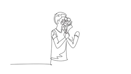 Poster - Self drawing animation of single line draw young couple hugging and kissing behind bouquet of flowers. Happy man and woman celebrating wedding anniversary. Continuous line draw. Full length animated