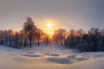 landscape of winter nature at sunrise. Christmas postcard concept