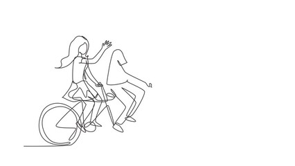 Poster - animated self drawing of continuous line draw romantic couple. happy couple is riding tandem bicycle