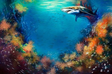 Paintings sea landscape. Underwater world, under the ocean, background with painting, watercolor background with flowers and fish. Artwork, fine art