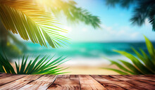 Top Of Wood Table With Seascape And Palm Tree, Blur Bokeh Light Of Calm Sea And Sky At Tropical Beach Background. Empty Ready For Your Product Display Montage. Summer Vacation Background Concept.

