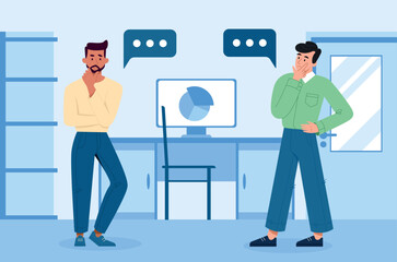 Poster - office with persones. men communicate and analyze diagram. working with statistics and marketing res