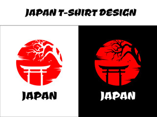 Japanese t-shirt design, silhouette for a Japanese theme, japanese theme t-shirt design with red moon