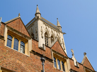 Sticker - Upper facade gable and tower of Second Court and Chapel, St John’s College, Cambridge, UK