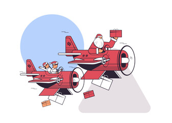 Sticker - elves with santa claus flying airplane with gifts merry christmas happy new year winter holidays celebration