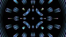 Neon Abstraction Patterns Of Rays And Lines In Blue, Cyan, Pink And Green. Colored Multi-layered Ornaments For Overlay. Looped Colorful Background For Music. Hypnotic Effect. 4K