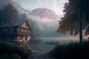 Wall Mural - Lake house cabin in the woods by the mountains