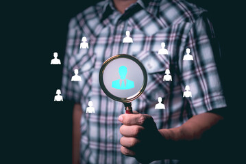 Aufkleber - Male hand holding magnifying glass with portrait icon showing searching for talented personnel to help