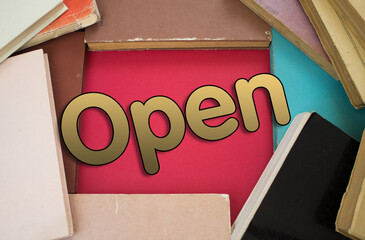 Poster - Open word in opened book with vintage, natural patterns old antique paper design.
