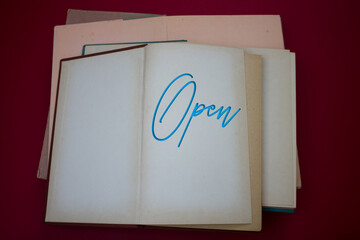 Poster - Open word in opened book with vintage, natural patterns old antique paper design.