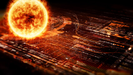 Poster - Futuristic digitally generated holographic Sun for head up display and user interface design background