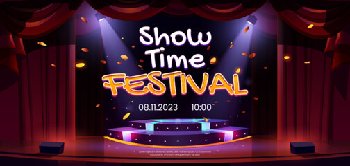 Wall Mural - show time festival banner, theater stage, podium, spotlights, red curtains and confetti falling. inv