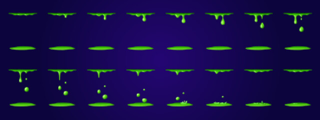 Wall Mural - liquid slime, green poison animation, dripping goo drops and puddles. cartoon vector liquid phlegm s