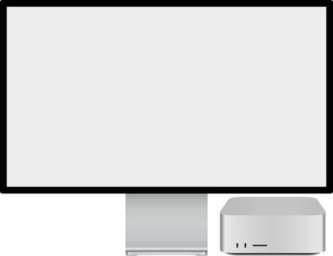 Silver desktop pc with display. Vector graphic of a modern computer with white screen.