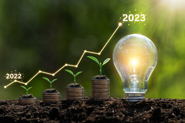 Wall Mural - Seedlings are growing on stacked coins in soil with growth compared to year 2022-2023 and light bulb for innovations and ideas for the new year. investment growth. Development to success in year 2023.