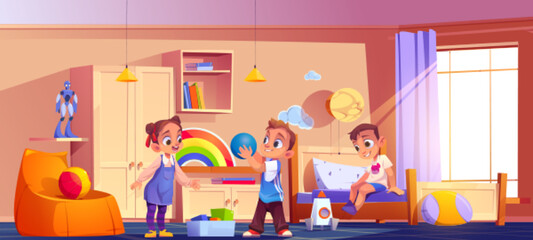 Kids playing in room, children at home interior with bed, furniture and toys scatter on floor. Little brothers with sister or friends indoor game, fun, recreation, Cartoon vector illustration