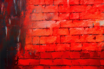 Poster -  a painting of a brick wall with red paint on it and a black and white background with a red stripe. Generative AI