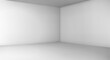 © klyaksun - Corner of empty room with white walls, floor and ceiling. 3d blank interior of living room, office, gallery, studio or hallway, vector realistic illustration in perspective view