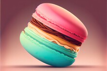  A Colorful Macaron Is Stacked On Top Of Each Other In A Square Frame With A Pink Background.