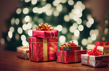 Caja De Regalos Rojo Con Listones Dorados Y Moños Dorados, De Fondo árbol De Navidad Con Luces