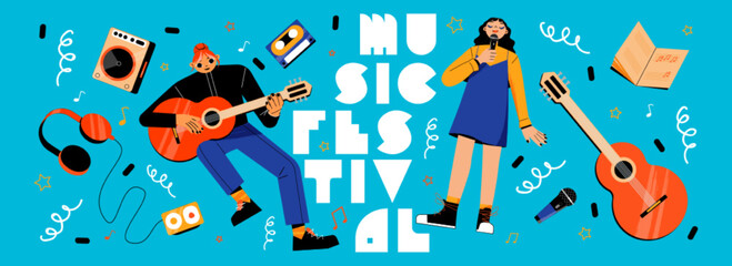 music festival banner with girls singing and playing guitar. young woman sing with microphone and mu