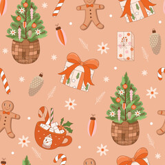  Christmas retro seamless pattern with groovy gifts, fir tree, cacao drink, lollipop and decorative elements. Vintage vector for winter holidays postcard, invitation, wrapping paper, packaging etc.