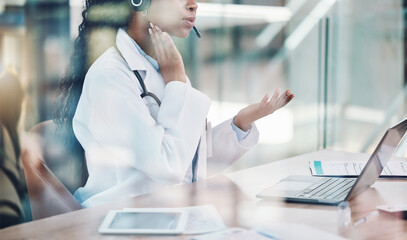 Poster - Doctor, laptop and video call for medical telehealth, consulting support or internet healthcare to lockdown people. Black woman, worker and medicine employee in pulse help on communication tech