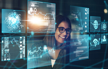 Poster - Call center, consultant and woman with futuristic data analytics of global support contact or help desk support. Future customer service, telemarketing or hologram overlay of girl consulting at night
