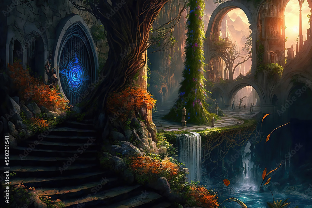 AI generated image of a large Elven or Elvish city with arches, marble ...