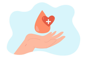 Poster - Hand of donor with drop of blood and red comic heart. Person holding blood donation symbol flat vector illustration. Charity, medicine, volunteering concept for banner or landing web page