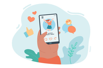 Fototapete - Hand holding smartphone with social media profile of woman. Person with happy girl on screen, social media app flat vector illustration. Technology, communication, network concept for banner