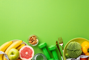 Wall Mural - Slimming concept. Top view photo of plates with fruits and vegetables nuts cutlery glass of water tape measure and dumbbells on isolated green background with copyspace