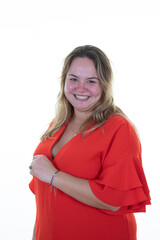 beauty woman plus size blond girl in red shirt