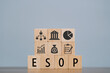 word ESOP with wood building blocks, light gray background. document with numbers on background, business concept. space for text in right. front view. esop - EMPLOYEE STOCK OWNERSHIP PLAN.
