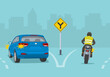 Traffic regulation rules. Y-junction lane direction sign. Back view of a traffic flow on highway. Blue suv and motorcycle on road. Flat vector illustration template.