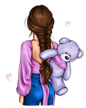Print A Beautiful Brunette Girl Is Standing With Her Back With A Teddy Bear In Her Hands In A Pink Sweatshirt And Blue Jeans