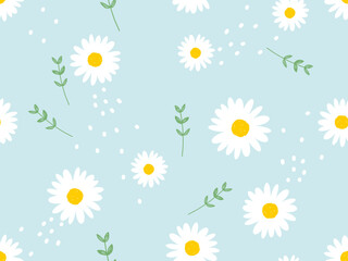 Wall Mural - Seamless pattern with daisy flower and leaves on blue background vector illustration.