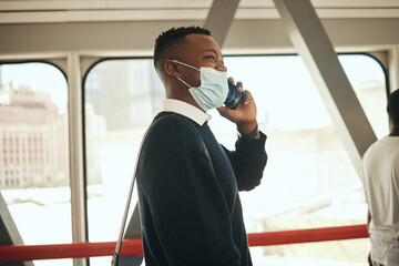 Poster - Covid, face mask and working man on call while travelling to office. Pandemic regulations and safety while commuting in the city. Business person communication on phone with remote colleagues.