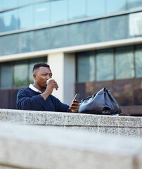 Poster - Businessman, relax and drinking coffee outside work on phone, checking social media or making internet or web search. Corporate manager, worker or employee working in finance or accounting on mobile