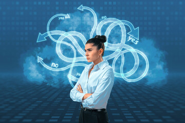Wall Mural - Attractive grumpy young european businesswoman on blue background with arrows. Confusion and stress concept.