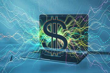Aufkleber - Close up of laptop computer with glowing dollar sign hologram on blurry background. Online banking, trade, finance and blockchain concept. Double exposure.