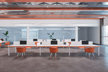 Bright grunge coworking office interior with city view and furniture. 3D Rendering.