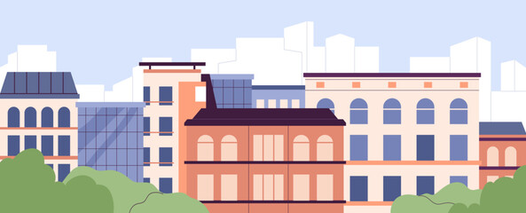 Fototapete - City buildings, urban street. Cityscape, real estate exterior. Houses architecture in town center. Residential and commercial property, realty, outdoor panorama scene. Flat vector illustration