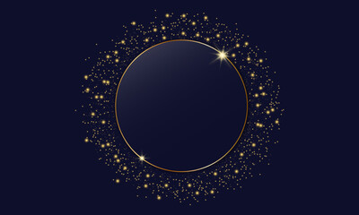 Poster - Shiny golden frame. Modern luxury dark blue shape and gold glitter gold ring on dark background. Golden circle abstract background. Vector EPS 10