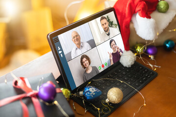 Wall Mural - video call christmas online on laptop