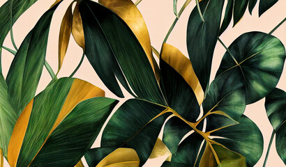 Organic lines of Golden and green banana leaves backdrop,  Generative AI	