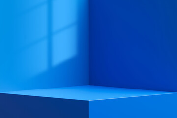 Leinwandbilder - Interior corner wall room blue 3d background of abstract window light stage scene or empty product studio showroom display and blank presentation podium pedestal platform perspective table backdrop.