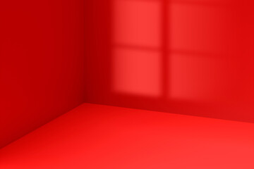 Leinwandbilder - Red room wall corner interior modern design space 3d background of abstract window light scene studio backdrop or blank table simple floor showroom platform and colorful presentation display concept.