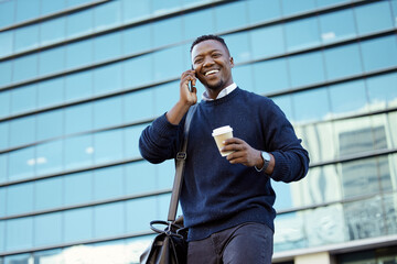 Poster - Coffee break and businessman on phone call with smile, talking or having business communication online, contact us and company background. Corporate professional black man networking with smartphone